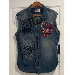 Marna Ro "Milo" Stonewash Hand-Painted Shirt Vest Floral Fall 2017 Archive M NWT